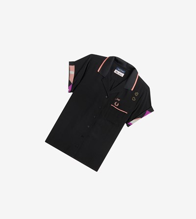 Fred Perry Amy Winehouse Foundation Printed Trim Bowling Shirt T Shirts & Topjes Dames Zwart | HQI754361